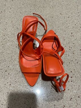 Zara Orange Strappy Pointed-Toe Heels
